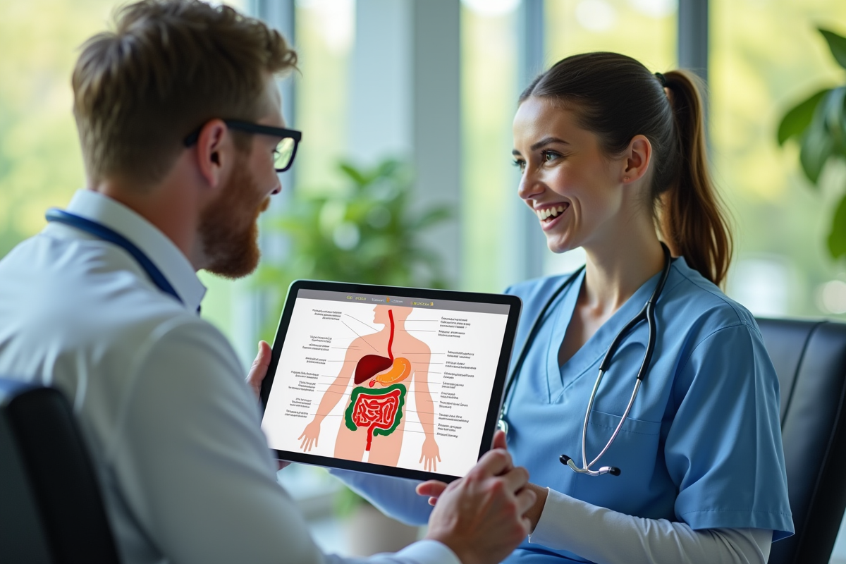 Médecin montrant un diagramme du systeme digestif sur une tablette