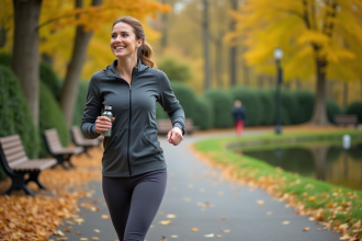 Femme souriante marchant dans un parc automnal