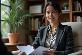 Psychologue femme en bureau bien organisé et chaleureux