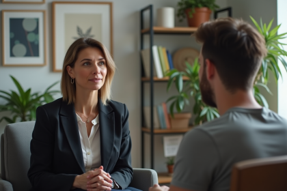 Psychologue femme en discussion avec un jeune homme dans un bureau moderne