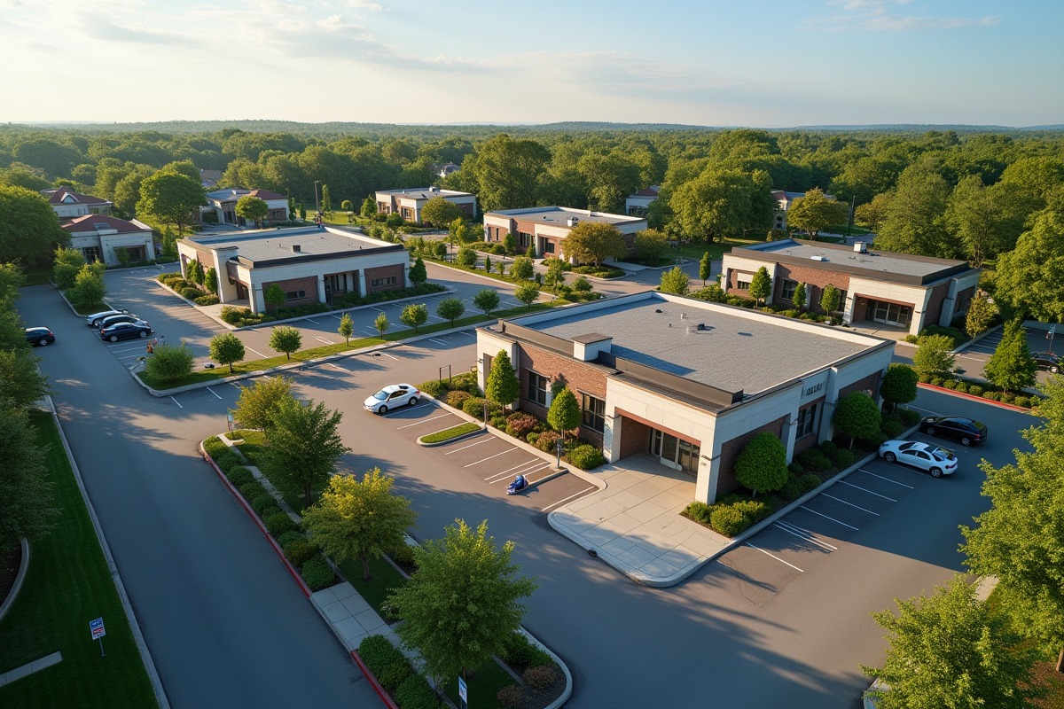 Vue aérienne d un quartier résidentiel avec centres bien-être et jardins