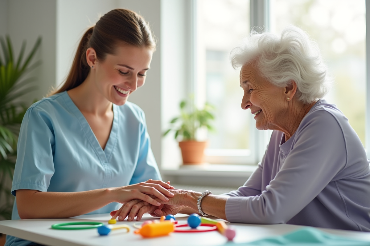 Jeune adulte et personne agee travaillant ensemble en therapie