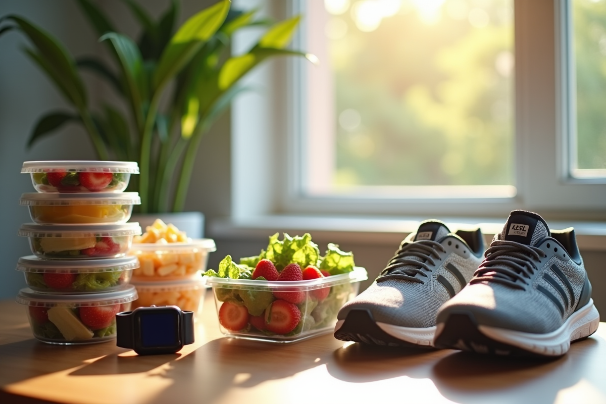 Contenants repas sains avec montre connectee et chaussures de course