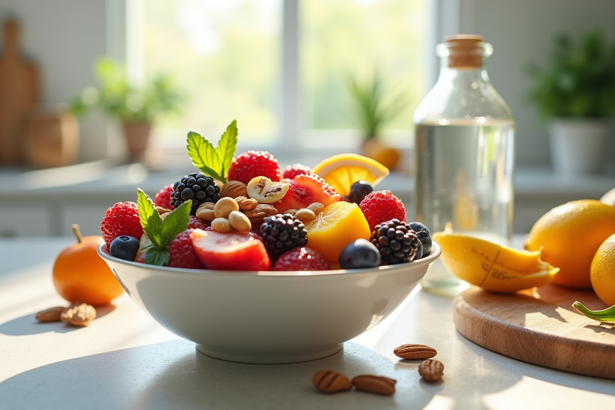 Bol de fruits frais et graines sur plan de travail lumineux