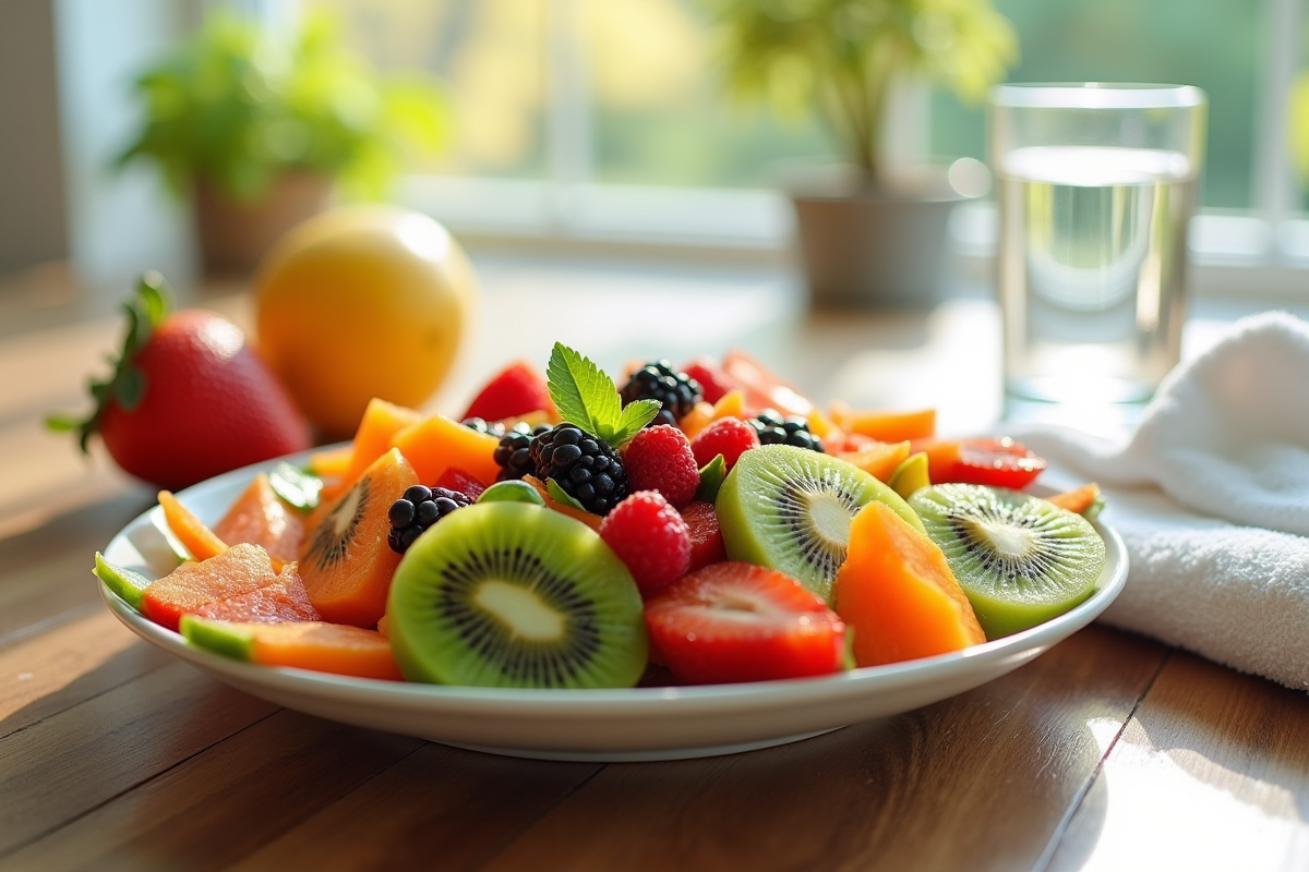Salade de fruits colorée avec kiwi et baies sur une table en bois