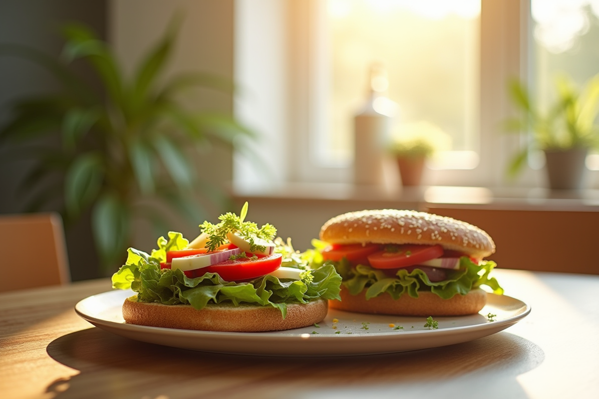 Salade sans gluten et sandwich complet sur une table moderne