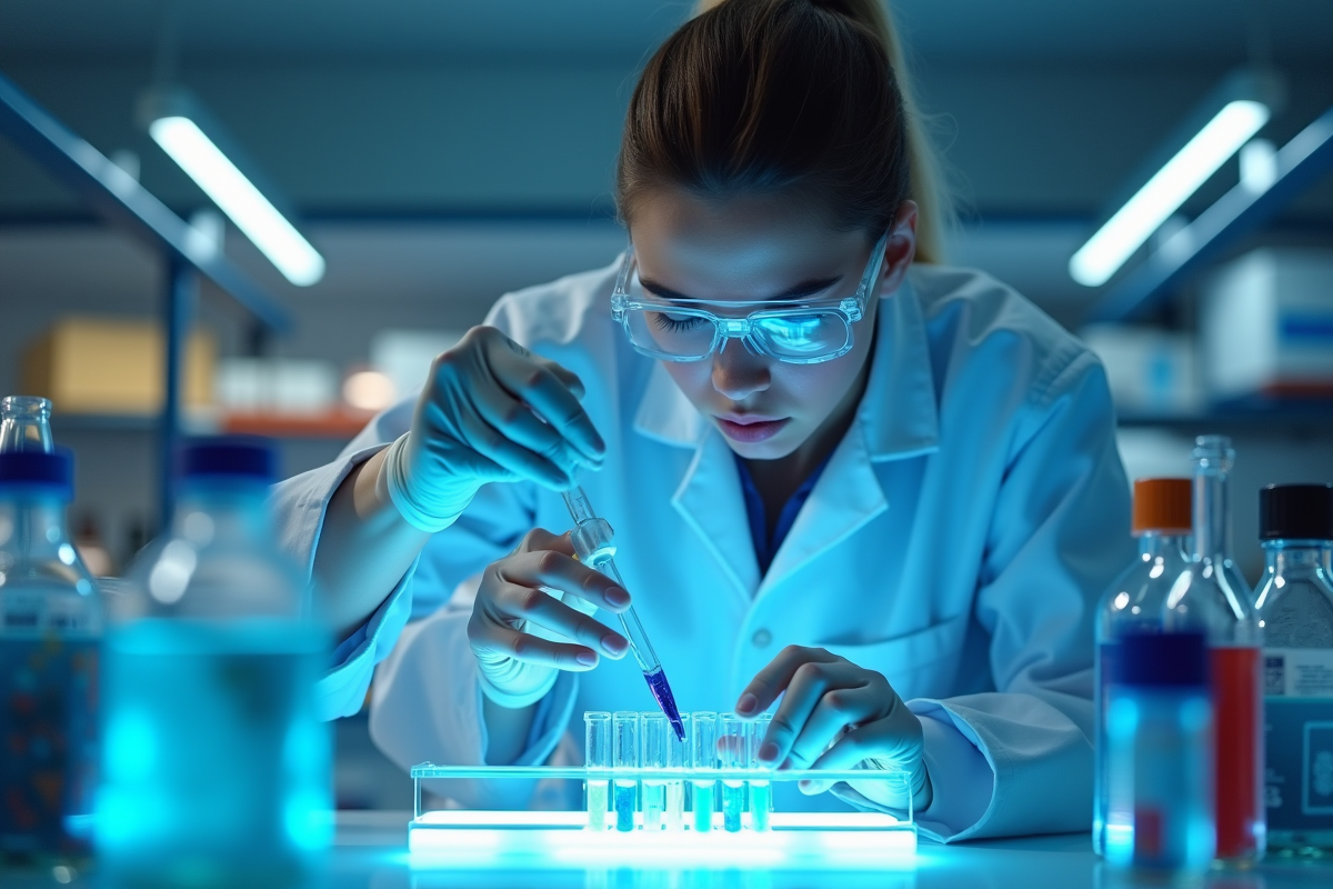 Scientifique en laboratoire moderne pipetant un liquide bleu