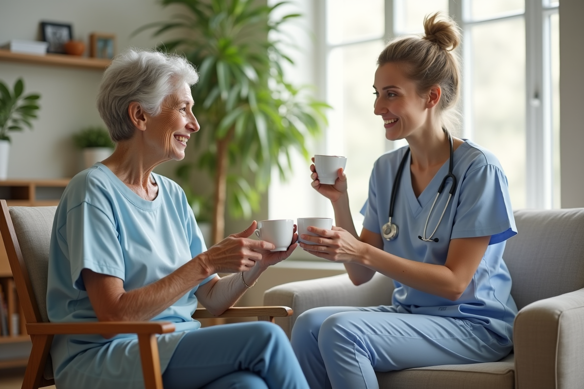 Femme agee souriante dans un salon lumineux et moderne