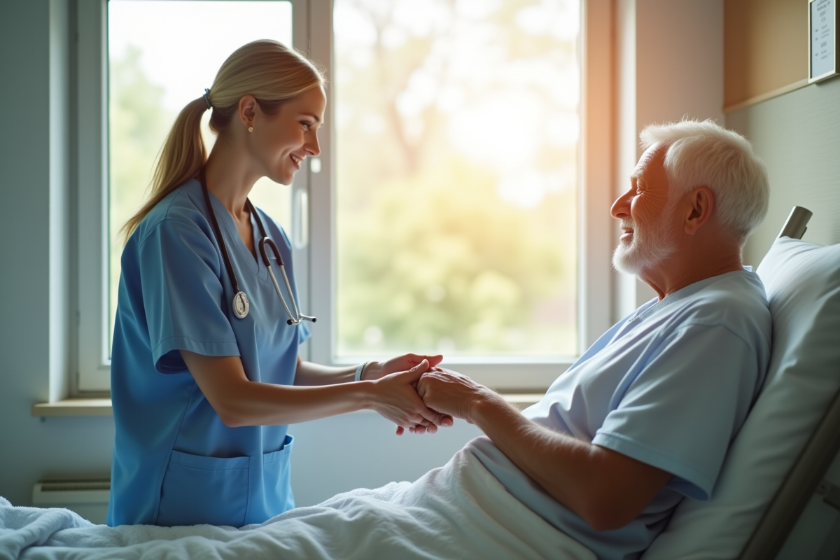 Infirmière compatissante tenant la main d'un patient âgé dans une salle lumineuse
