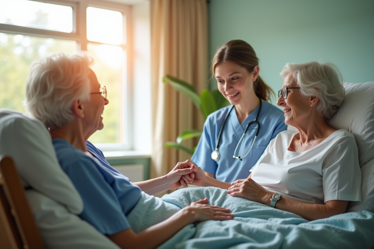 Infirmière compatissante tenant la main d'un patient âgé dans une chambre lumineuse