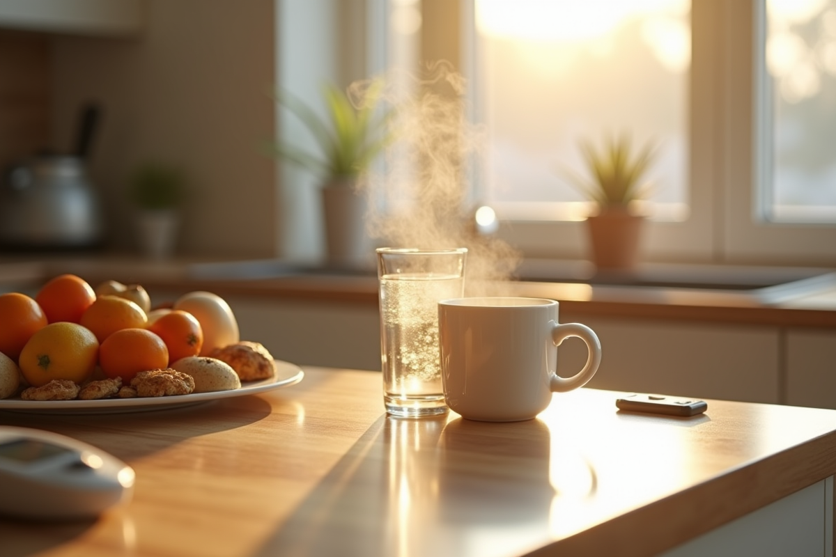 Tasse d'eau chaude dans une cuisine lumineuse avec petit déjeuner