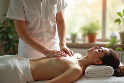 Main d'un thérapeute sur un client détendu dans un cabinet moderne