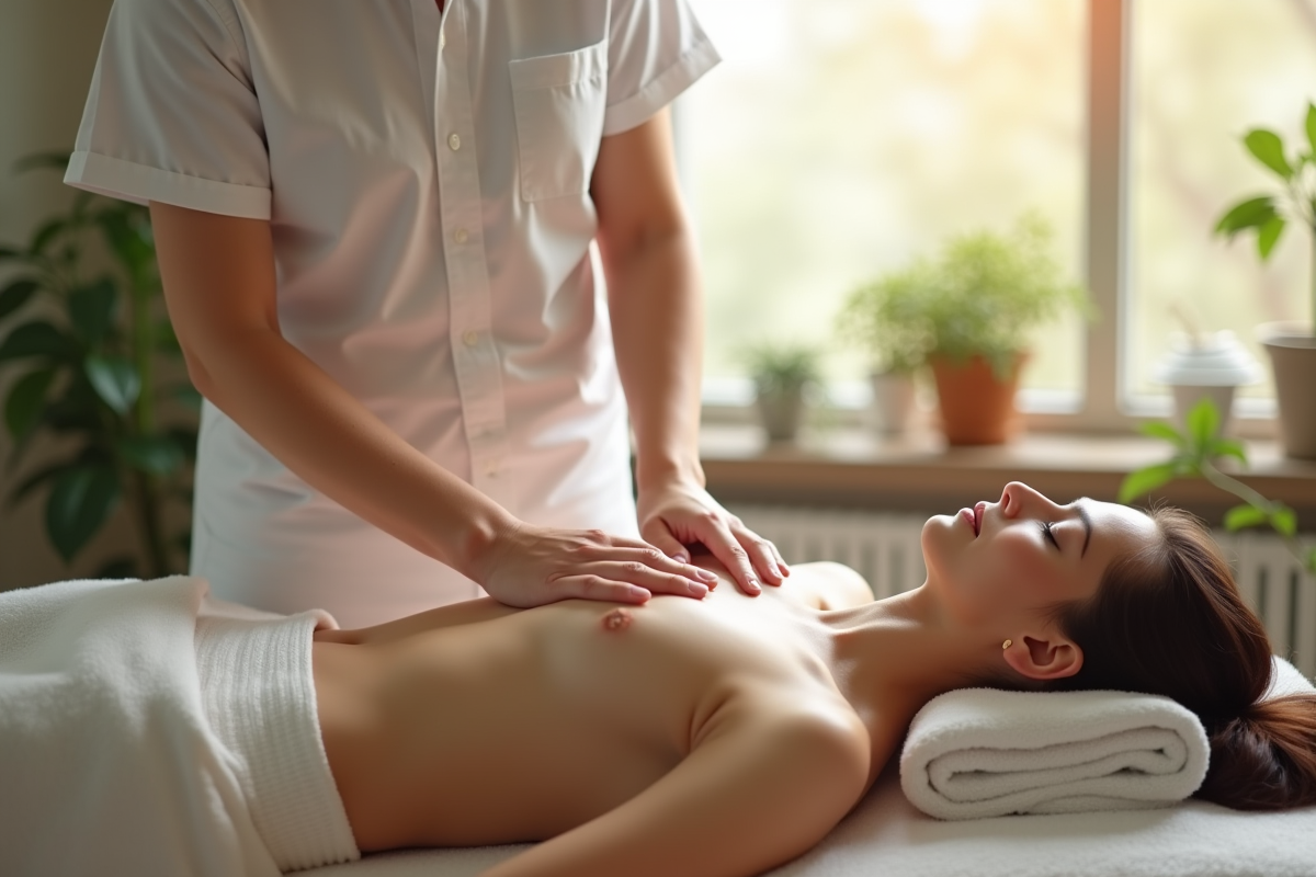 Main d'un thérapeute sur un client détendu dans un cabinet moderne