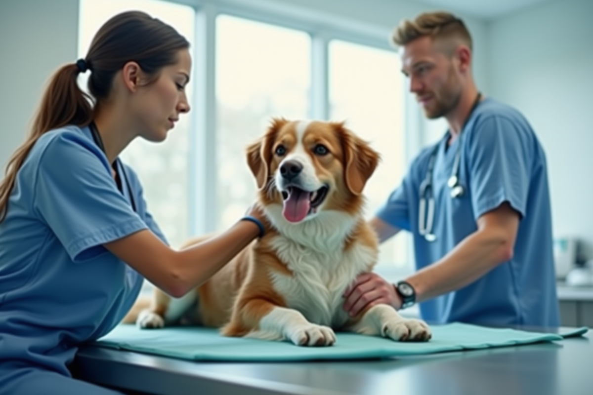 Vétérinaire examine un chien heureux en clinique