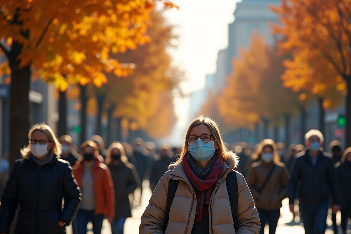 Rue urbaine en automne avec personnes portant des masques