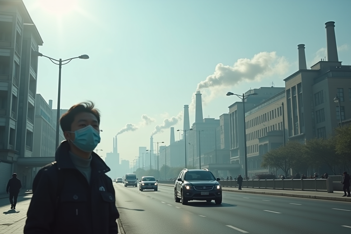 Paysage urbain avec pollution et piétons portant des masques